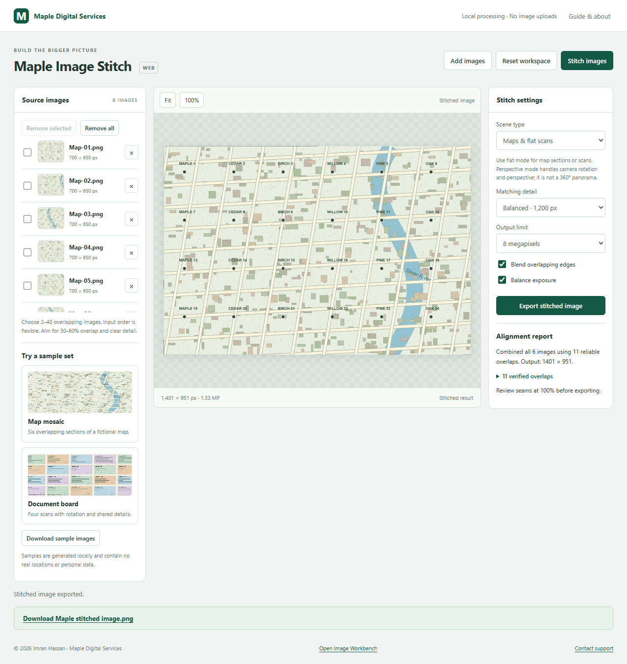 Maple Image Stitch with overlapping source images and a joined result