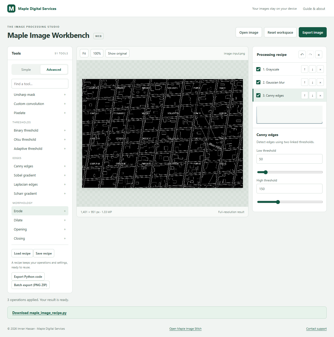 Maple Image Workbench with image tools, a preview and an editable recipe